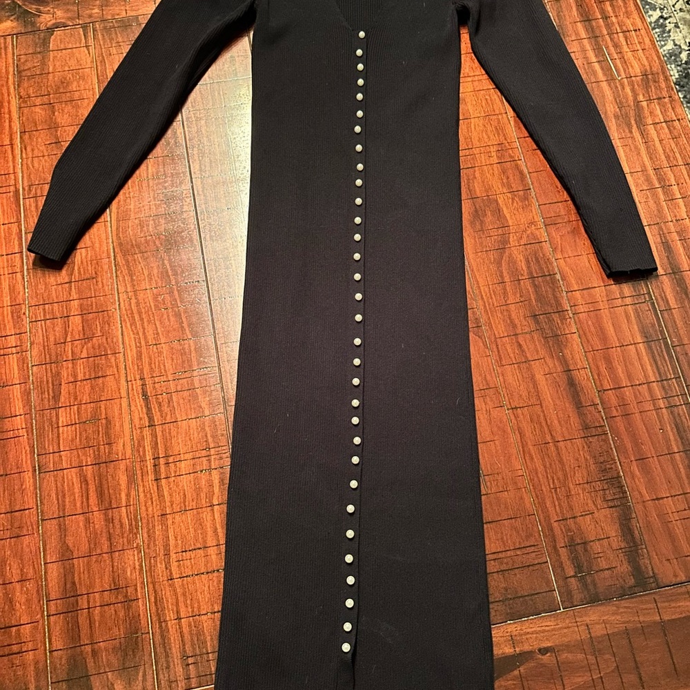 Zara Black Ribbed Midi Dress With Pearls